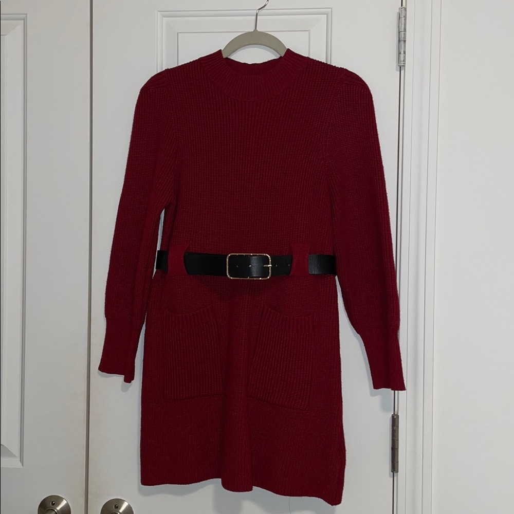 Red Knit Dress with Black Belt- from Queenia